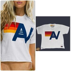 Aviator Nation Cropped AV Logo Graphic Tee White Rainbow T/Shirt Sz S